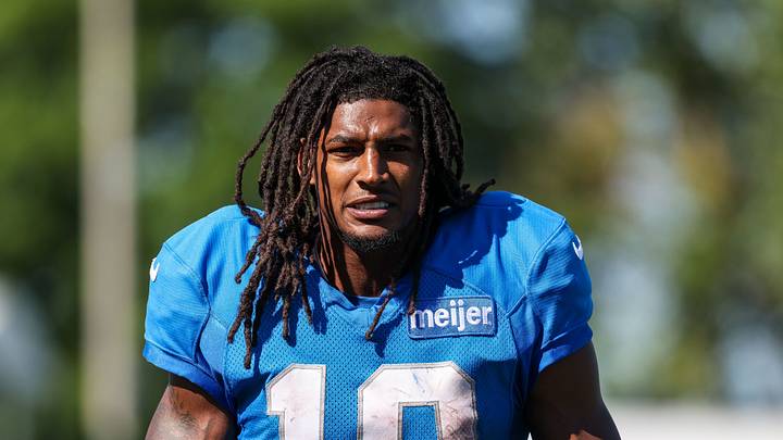 Aug 3, 2026; Allen Park, MI, USA;  Detroit Lions running back Isiah Pacheco (10) walks off the field following Detroit Lions training camp. Mandatory Credit: Paul Barnick-Imagn Images