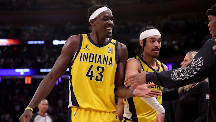 May 19, 2024; New York, New York, USA; Indiana Pacers forward Pascal Siakam (43) and guard Andrew Nembhard (2) celebrate with teammates during the fourth quarter of game seven of the second round of the 2024 NBA playoffs against the New York Knicks at Madison Square Garden. Mandatory Credit: Brad Penner-USA TODAY Sports