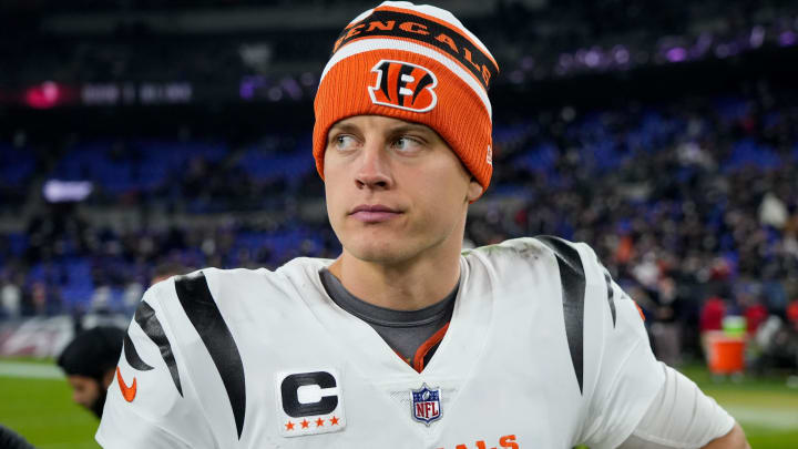 Cincinnati Bengals quarterback Joe Burrow (9) walks off the field after the fourth quarter of the NFL Week 11 game between the Baltimore Ravens and the Cincinnati Bengals at M&T Bank Stadium in Baltimore on Thursday, Nov. 16, 2023. The Bengals fell to the Ravens, 34-20. Cincinnati Bengals quarterback Joe Burrow (9) walks off the field after the fourth quarter of the NFL Week 11 game between the Baltimore Ravens and the Cincinnati Bengals at M&T Bank Stadium in Baltimore on Thursday, Nov. 16, 2023. The Bengals fell to the Ravens, 34-20.