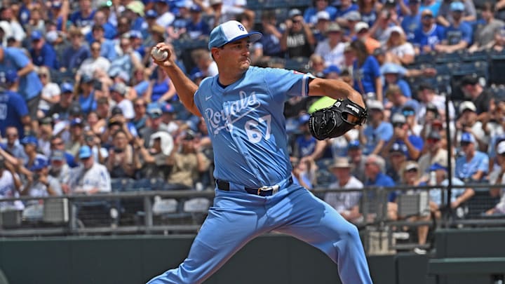 Jun 28, 2025; Kansas City, Missouri, USA;  Kansas City Royals starting pitcher Seth Lugo (67) throws a pitch in the first inning against the Los Angeles Dodgers at Kauffman Stadium. Mandatory Credit: Peter Aiken-Imagn Images