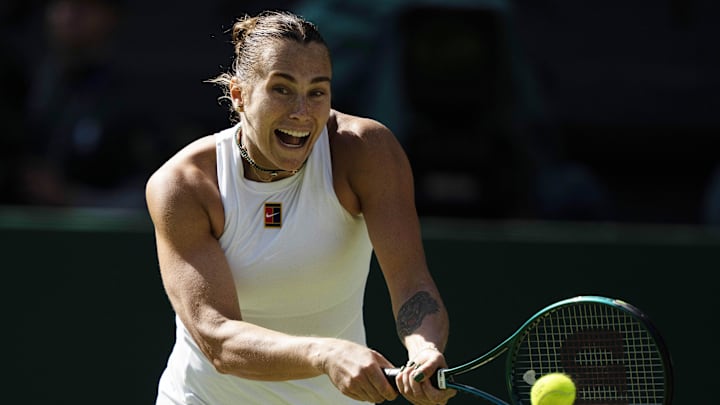 Aryna Sabalenka returns a shot during her match against Laura Siegemund of Germany on day nine at All England Lawn Tennis and Croquet Club.