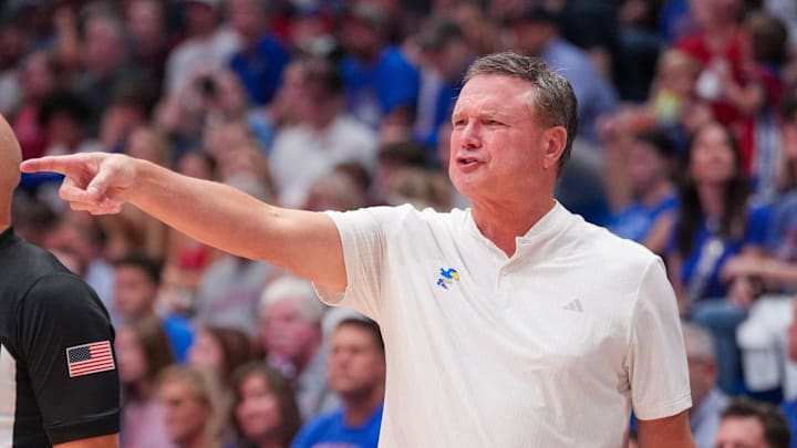 Oct 29, 2024; Lawrence, KS, USA; Kansas Jayhawks head coach Bill Self gestures to players against the Washburn Ichabods during the first half at Allen Fieldhouse. Mandatory Credit: Denny Medley-Imagn Images