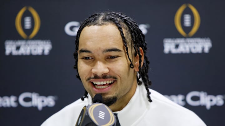 Ohio State Buckeyes wide receiver Emeka Egbuka talks to the media during 2025 CFP National Championship Media Day.