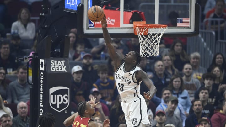 Mar 10, 2024; Cleveland, Ohio, USA; Brooklyn Nets forward Dorian Finney-Smith (28) blocks a shot by Cleveland Cavaliers forward Isaac Okoro (35) in the first quarter at Rocket Mortgage FieldHouse. Mandatory Credit: David Richard-USA TODAY Sports Mar 10, 2024; Cleveland, Ohio, USA; Brooklyn Nets forward Dorian Finney-Smith (28) blocks a shot by Cleveland Cavaliers forward Isaac Okoro (35) in the first quarter at Rocket Mortgage FieldHouse. Mandatory Credit: David Richard-USA TODAY Sports