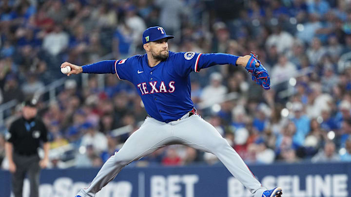 Texas Rangers pitcher Nathan Eovaldi throws a pitch.