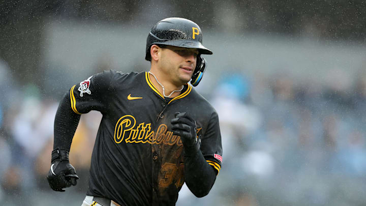 Sep 28, 2024; Bronx, New York, USA; Pittsburgh Pirates second baseman Nick Yorke (38) rounds the bases after hitting a two run home run against the New York Yankees during the ninth inning at Yankee Stadium. Mandatory Credit: Brad Penner-Imagn Images