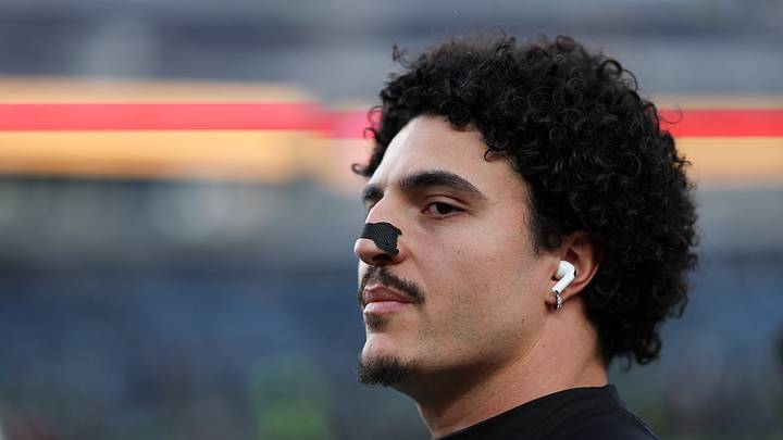 Jan 11, 2026; Philadelphia, PA, USA; Philadelphia Eagles linebacker Jaelan Phillips (50) looks on during warmups prior to an NFC Wild Card Round game against the San Francisco 49ers at Lincoln Financial Field. Mandatory Credit: Bill Streicher-Imagn Images