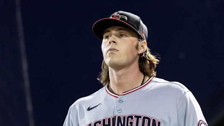 Nov 9, 2025; Mesa, AZ, USA; Washington Nationals pitcher Jake Bennett (24) during the Arizona Fall League Fall Stars Game at Sloan Park. Mandatory Credit: Mark J. Rebilas-Imagn Images