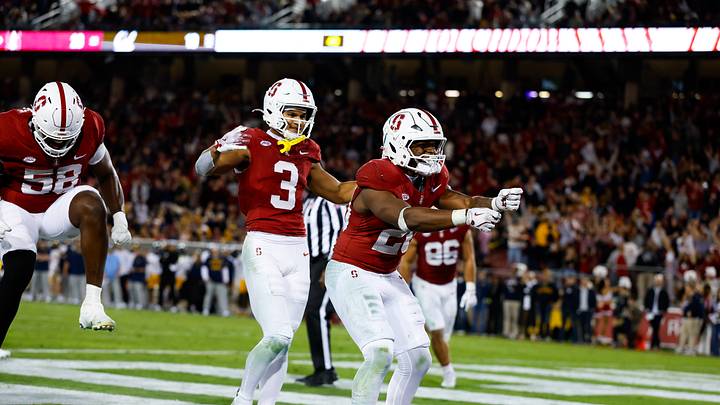 Nov 22, 2025; Stanford, California, USA; Stanford Cardinal running back Micah Ford (20) celebrates after scoring a touchdown during the fourth quarter against the California Golden Bears at Stanford Stadium. Mandatory Credit: Sergio Estrada-Imagn Images Nov 22, 2025; Stanford, California, USA; Stanford Cardinal running back Micah Ford (20) celebrates after scoring a touchdown during the fourth quarter against the California Golden Bears at Stanford Stadium. Mandatory Credit: Sergio Estrada-Imagn Images