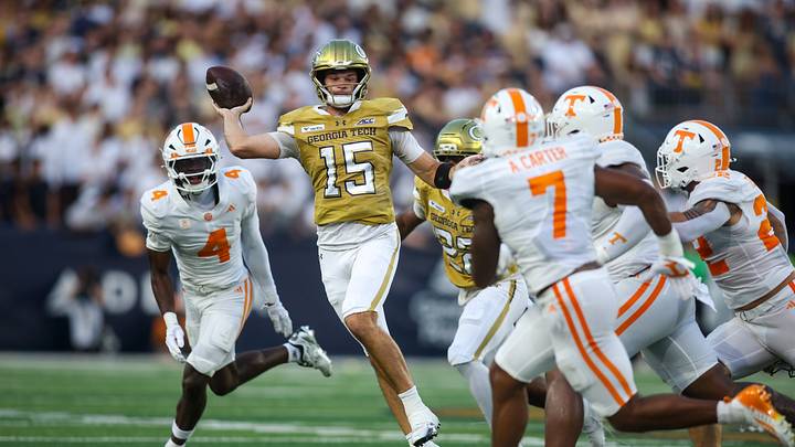 Sep 12, 2026; Atlanta, Georgia, USA; Georgia Tech Yellow Jackets quarterback Alberto Mendoza (15) throws a pass against the Tennessee Volunteers in the first quarter at Bobby Dodd Stadium at Hyundai Field. Mandatory Credit: Brett Davis-Imagn Images