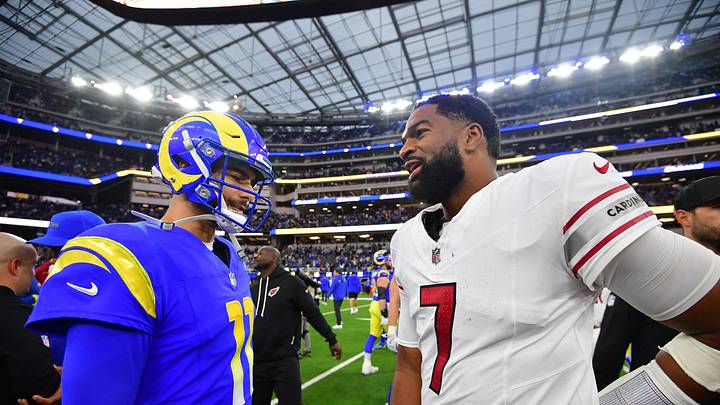 Jan 4, 2026; Inglewood, California, USA; Los Angeles Rams quarterback Jimmy Garoppolo (11) and Arizona Cardinals quarterback Jacoby Brissett (7) talk following a game at SoFi Stadium. Mandatory Credit: Gary A. Vasquez-Imagn Images Jan 4, 2026; Inglewood, California, USA; Los Angeles Rams quarterback Jimmy Garoppolo (11) and Arizona Cardinals quarterback Jacoby Brissett (7) talk following a game at SoFi Stadium. Mandatory Credit: Gary A. Vasquez-Imagn Images