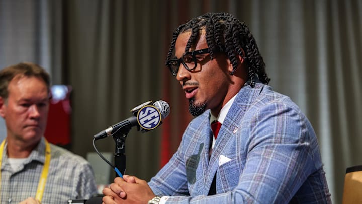Jul 17, 2025; Atlanta, GA, USA; Texas A&M Aggies linebacker Taurean York answers questions from the media during the SEC Media Days at Omni Atlanta Hotel. Mandatory Credit: Jordan Godfree-Imagn Images