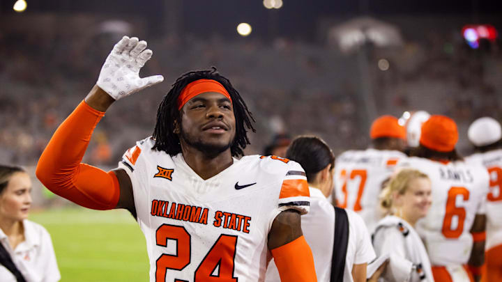 Sep 9, 2023; Tempe, Arizona, USA; Oklahoma State Cowboys cornerback De kelvion Beamon (24) against the Arizona State Sun Devils at Mountain America Stadium. Mandatory Credit: Mark J. Rebilas-Imagn Images