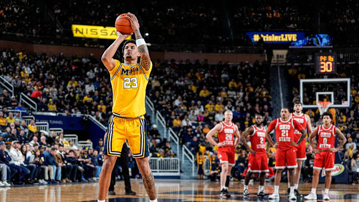 Michigan forward Yaxel Lendeborg (23) shoots a free throw against the Ohio State during the first half at Crisler Center in Ann Arbor on Friday, Jan. 23, 2026.