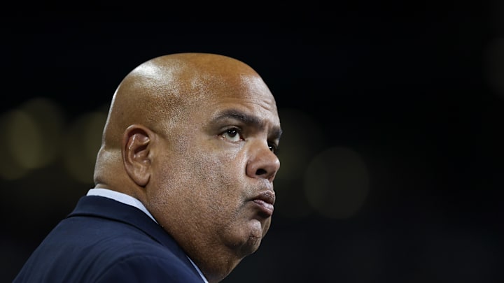Oct 5, 2024; Seattle, Washington, USA; Michigan Wolverines director of athletics Warde Manuel stands on the sidelines during the fourth quarter of a football game against the Washington Huskies at Alaska Airlines Field at Husky Stadium. Mandatory Credit: Joe Nicholson-Imagn Images