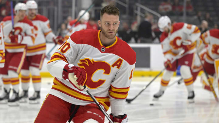 Apr 11, 2024; Los Angeles, California, USA;  Calgary Flames center Jonathan Huberdeau (10) warms up prior to the game against the Los Angeles Kings at Crypto.com Arena. Mandatory Credit: Jayne Kamin-Oncea-USA TODAY Sports