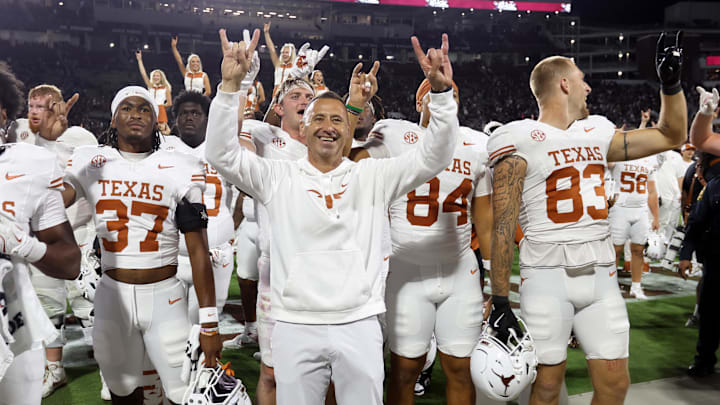 Texas Longhorns head coach Steve Sarkisian reacts celebrates beating the Mississippi State Bulldogs in overtime 