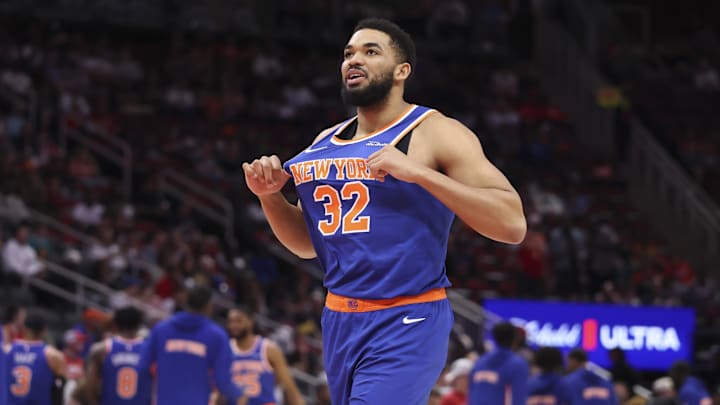 New York Knicks center/forward Karl-Anthony Towns (32) walks on the court before the game against the Houston Rockets at Toyota Center. 