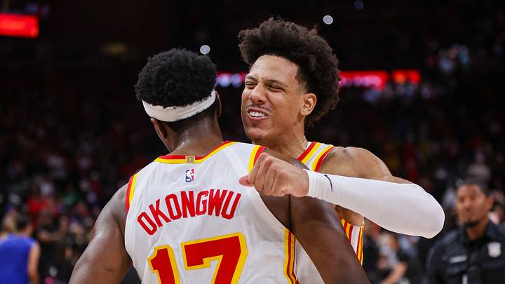 Apr 23, 2026; Atlanta, Georgia, USA; Atlanta Hawks forward Jalen Johnson (1) celebrates with forward Onyeka Okongwu (17) after a victory over the New York Knicks in game three of the first round of the 2026 NBA Playoffs at State Farm Arena. Mandatory Credit: Brett Davis-Imagn Images Apr 23, 2026; Atlanta, Georgia, USA; Atlanta Hawks forward Jalen Johnson (1) celebrates with forward Onyeka Okongwu (17) after a victory over the New York Knicks in game three of the first round of the 2026 NBA Playoffs at State Farm Arena. Mandatory Credit: Brett Davis-Imagn Images
