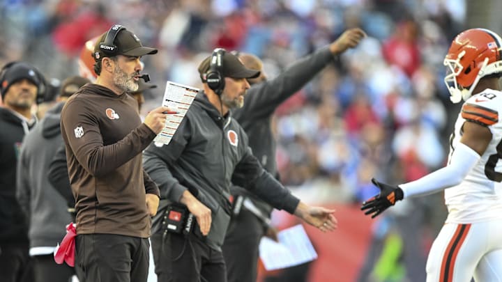Oct 26, 2025; Foxborough, Massachusetts, USA;  Cleveland Browns head coach Kevin Stefanski reacts during the third quarter against the New England Patriots at Gillette Stadium. Mandatory Credit: Brian Fluharty-Imagn Images