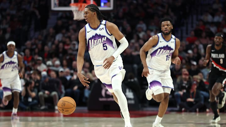 Mar 13, 2026; Portland, Oregon, USA;  Utah Jazz forward Cody Williams (5) drives to the basket against the Portland Trail Blazers during the first half at Moda Center. Mandatory Credit: Jaime Valdez-Imagn Images