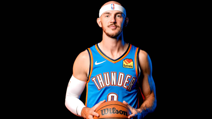 Alex Caruso is pictured during the Thunder media day at the Paycom Center in Oklahoma City, on Monday, Sept. 30, 2024.