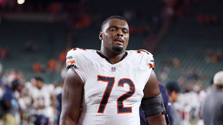 Aug 22, 2026; Cincinnati, Ohio, USA;  Chicago Bears offensive tackle Kiran Amegadjie (72) after a game against the Cincinnati Bengals at Paycor Stadium.  Mandatory Credit: Joseph Maiorana-Imagn Images