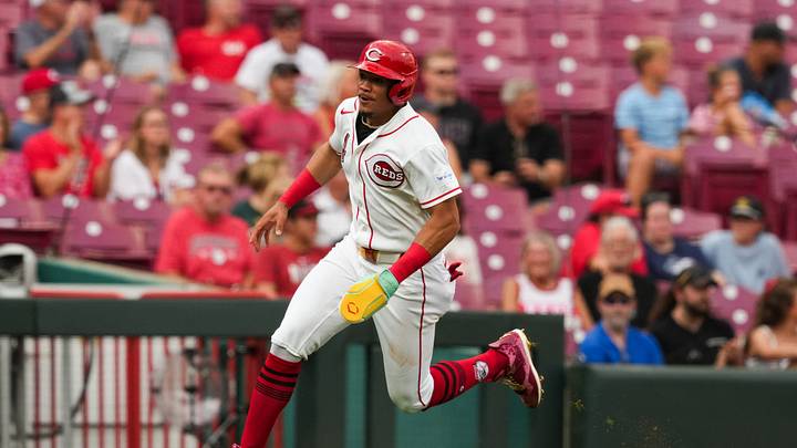 Aug 5, 2026; Cincinnati, Ohio, USA; Cincinnati Reds outfielder Noelvi Marte scores a run on a single by catcher Jose Trevino during the game against the Athletics in the second inning at Great American Ball Park. Mandatory Credit: Aaron Doster-Imagn Images Aug 5, 2026; Cincinnati, Ohio, USA; Cincinnati Reds outfielder Noelvi Marte scores a run on a single by catcher Jose Trevino during the game against the Athletics in the second inning at Great American Ball Park. Mandatory Credit: Aaron Doster-Imagn Images