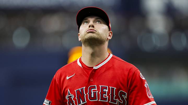 St. Petersburg, Florida, USA; Los Angeles Angels starting pitcher Reid Detmers (48) reacts after pitching the first inning against the Tampa Bay Rays at Tropicana Field. Mandatory Credit: Nathan Ray Seebeck-Imagn Images
