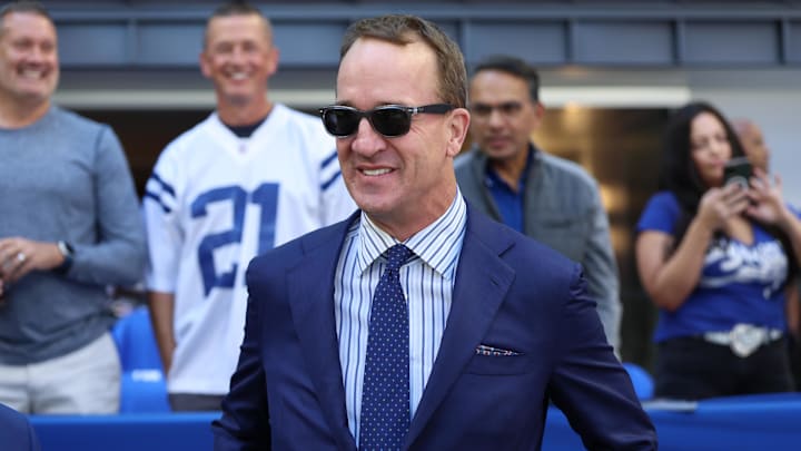 Sep 7, 2025; Indianapolis, Indiana, USA; Former Indianapolis Colts quarterback Peyton Manning before a game against the Miami Dolphins at Lucas Oil Stadium. Mandatory Credit: Trevor Ruszkowski-Imagn Images