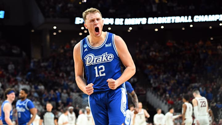 Mar 21, 2024; Omaha, NE, USA; Drake Bulldogs guard Tucker DeVries (12) reacts in the first half. Steven Branscombe-USA TODAY Sports