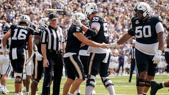 Vanderbilt quarterback Diego Pavia (2) celebrates his touchdown against Utah State during the second quarter at FirstBank Stadium in Nashville, Tenn., Saturday, Sept. 27, 2025.
