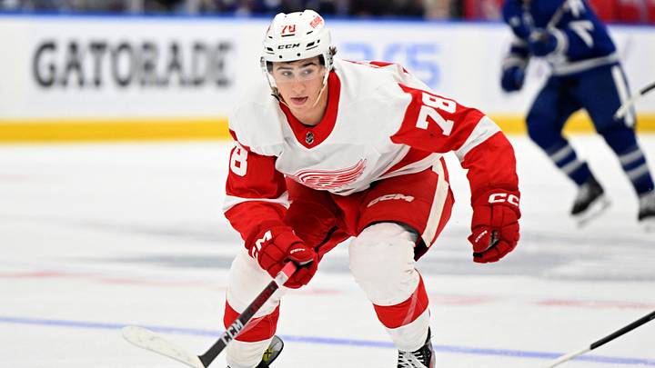 Oct 5, 2023; Toronto, Ontario, CAN; Detroit Red Wings forward Amadeus Lombardi (78) pursues the play against the Toronto Maple Leafs in the third period at Scotiabank Arena. Mandatory Credit: Dan Hamilton-USA TODAY Sports Oct 5, 2023; Toronto, Ontario, CAN; Detroit Red Wings forward Amadeus Lombardi (78) pursues the play against the Toronto Maple Leafs in the third period at Scotiabank Arena. Mandatory Credit: Dan Hamilton-USA TODAY Sports