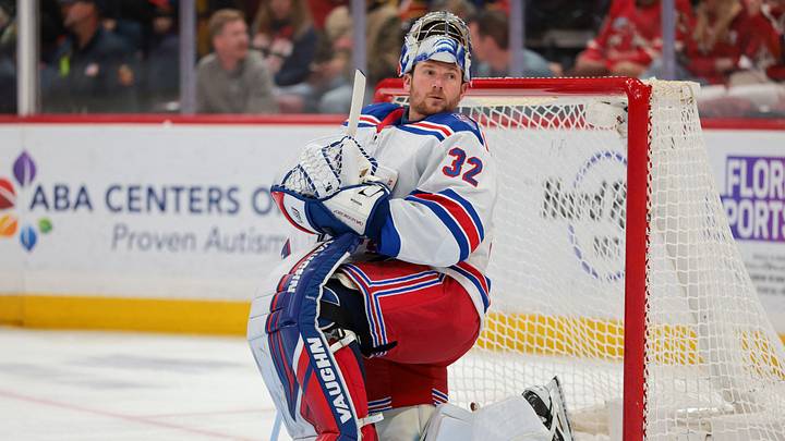 Apr 13, 2026; Sunrise, Florida, USA; New York Rangers goaltender Jonathan Quick (32) looks on against the Florida Panthers during the first period at Amerant Bank Arena. Mandatory Credit: Sam Navarro-Imagn Images