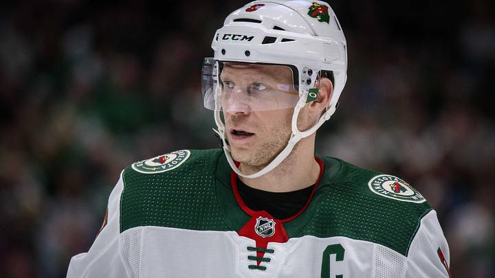 Feb 7, 2020; Dallas, Texas, USA; Minnesota Wild center Mikko Koivu (9) in action during the game between the Wild and the Stars at the American Airlines Center. Mandatory Credit: Jerome Miron-Imagn Images