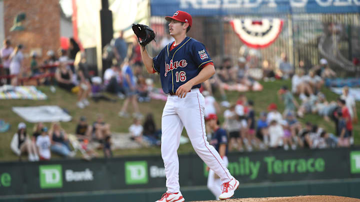 The Greenville Drive took on the Bowling Green Hot Rods at Fluor Field on April 4, 2025.This was the opening day of the season and the 20h Anniversary of the Drive at the park. Greenville Drive's Hayden Mullins (16) on the mound.