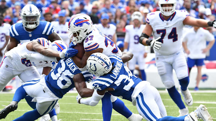 Aug 12, 2023; Orchard Park, New York, USA; Buffalo Bills running back Darrynton Evans (37) is