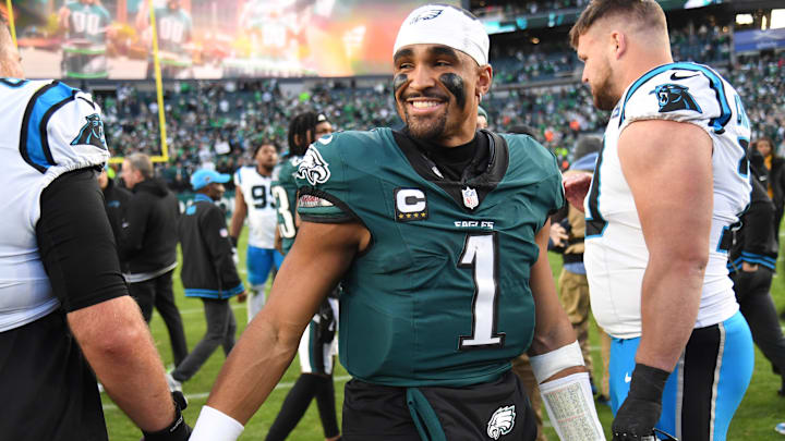 Dec 8, 2024; Philadelphia, Pennsylvania, USA;  Philadelphia Eagles quarterback Jalen Hurts (1) on the field after win against the Carolina Panthers at Lincoln Financial Field. Mandatory Credit: Eric Hartline-Imagn Images