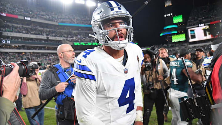 Nov 5, 2023; Philadelphia, Pennsylvania, USA; Dallas Cowboys quarterback Dak Prescott (4) on the field after loss to the Philadelphia Eagles at Lincoln Financial Field. Mandatory Credit: Eric Hartline-Imagn Images
