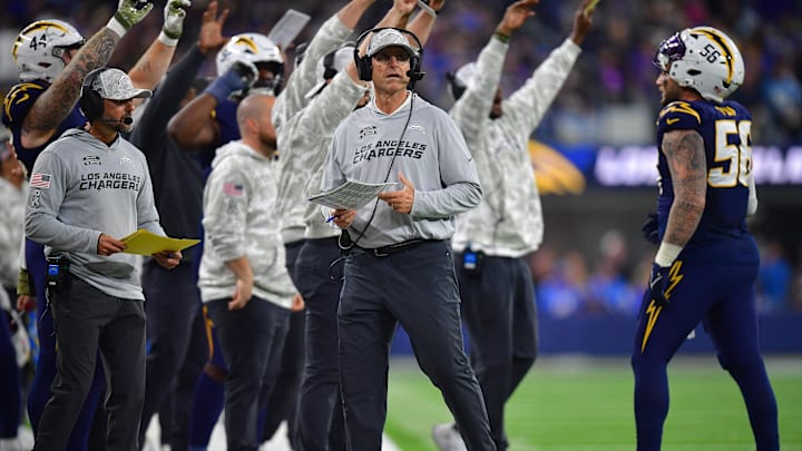 Nov 25, 2024; Inglewood, California, USA; Los Angeles Chargers head coach Jim Harbaugh watches game action against the Baltimore Ravens during the second half at SoFi Stadium. Mandatory Credit: Gary A. Vasquez-Imagn Images