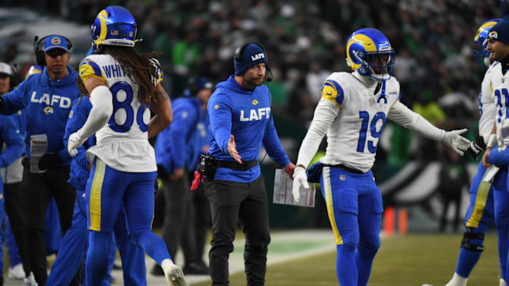 Jan 19, 2025; Philadelphia, Pennsylvania, USA; Los Angeles Rams head coach Sean McVay (center) reacts on the sidelines in the first half against the Philadelphia Eagles in a 2025 NFC divisional round game at Lincoln Financial Field. Mandatory Credit: Eric Hartline-Imagn Images