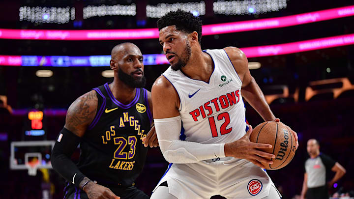 Dec 30, 2025; Los Angeles, California, USA; Detroit Pistons forward Tobias Harris (12) controls the ball against Los Angeles Lakers forward LeBron James (23) during the first half at Crypto.com Arena. Mandatory Credit: Gary A. Vasquez-Imagn Images Dec 30, 2025; Los Angeles, California, USA; Detroit Pistons forward Tobias Harris (12) controls the ball against Los Angeles Lakers forward LeBron James (23) during the first half at Crypto.com Arena. Mandatory Credit: Gary A. Vasquez-Imagn Images