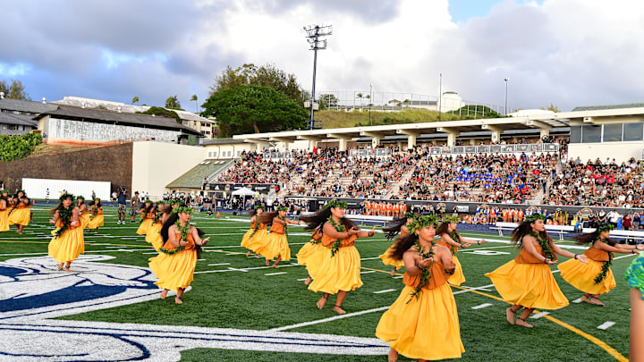Jan 20, 2023; Honolulu, Hawaii, US; Hula dancers perform at the Polynesian Bowl at Kunuiakea