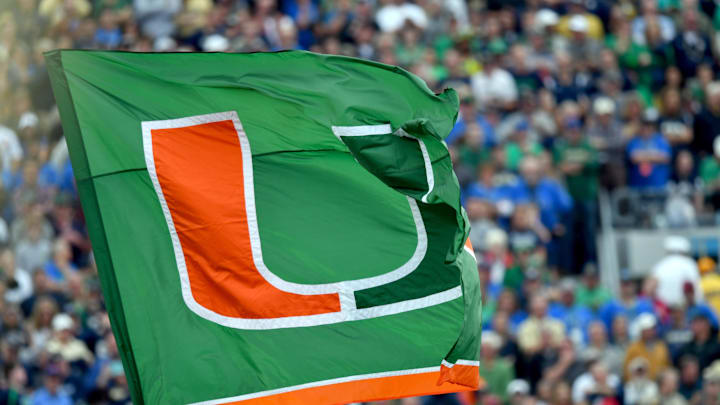 Oct 29, 2016; South Bend, IN, USA; The Miami Hurricanes flag flies during the first quarter of the game against the Notre Dame Fighting Irish at Notre Dame Stadium. Notre Dame won 30-27. Mandatory Credit: Matt Cashore-Imagn Images