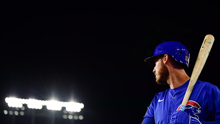 Sep 9, 2024; Los Angeles, California, USA; Chicago Cubs right fielder Cody Bellinger (24) on deck before hitting against the Los Angeles Dodgers during the fourth inning at Dodger Stadium. Mandatory Credit: Gary A. Vasquez-Imagn Images