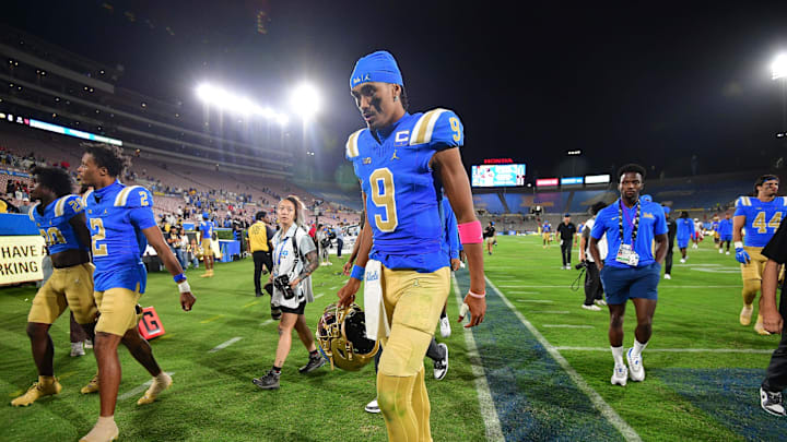 Aug 30, 2025; Pasadena, California, USA; UCLA Bruins quarterback Nico Iamaleava (9) following the loss against the Utah Utes during the second half at Rose Bowl. Mandatory Credit: Gary A. Vasquez-Imagn Images