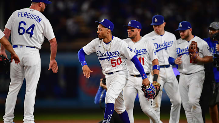 Sep 23, 2023; Los Angeles, California, USA; Los Angeles Dodgers second baseman Mookie Betts (50) and