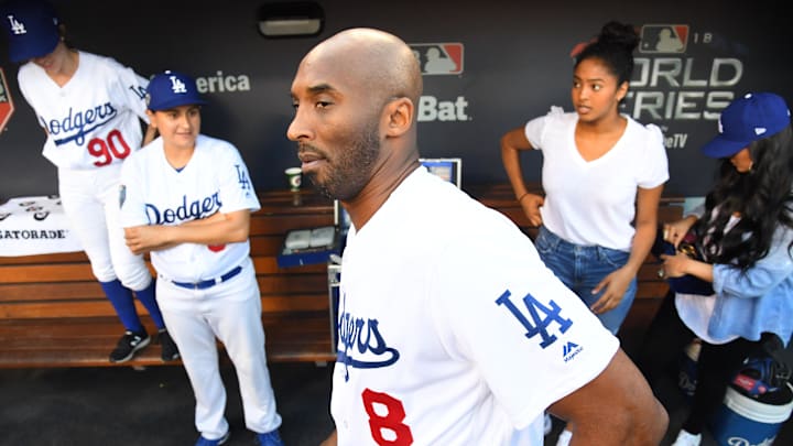 Los Angeles Lakers former player Kobe Bryant in the Dodgers dugout