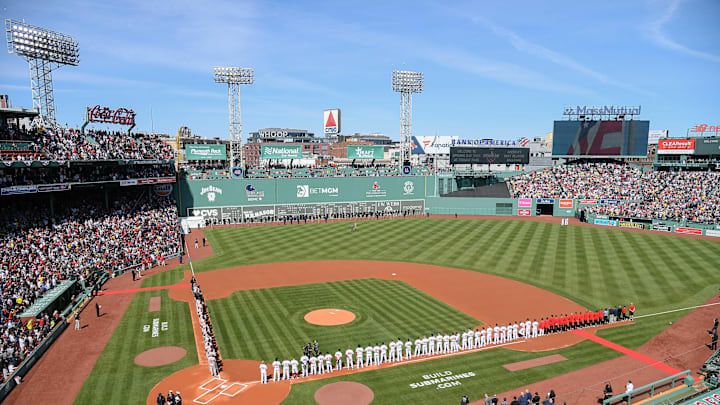 Apr 9, 2024; Boston, Massachusetts, USA; Opening day ceremonies as seen before a game between the Boston Red Sox and the Baltimore Orioles at Fenway Park. Mandatory Credit: Eric Canha-Imagn Images