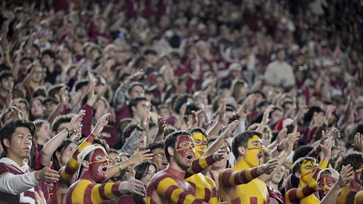 Nov 15, 2025; Tallahassee, Florida, USA; Florida State Seminoles fans during the fourth quarter against the Virginia Tech Hokies at Doak S. Campbell Stadium. Mandatory Credit: Melina Myers-Imagn Images